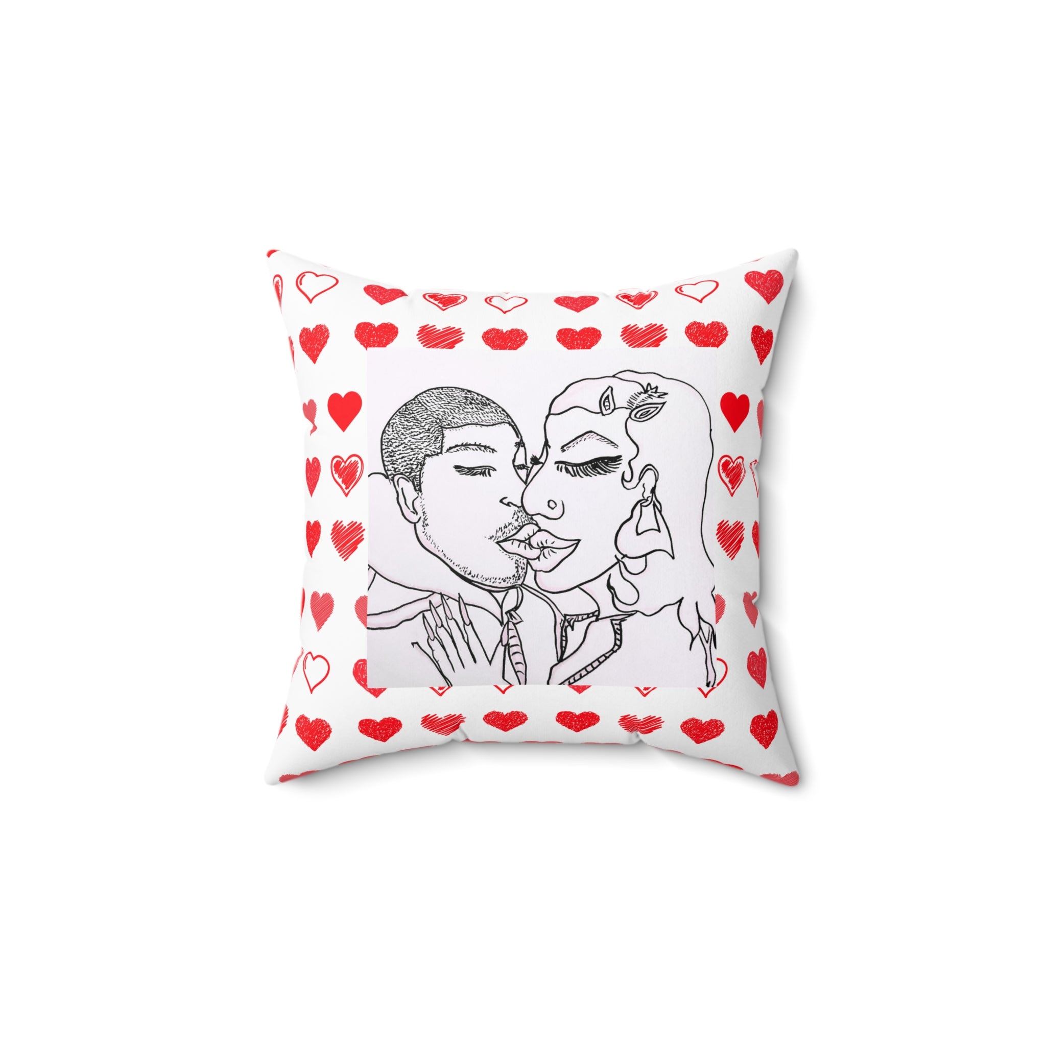 Romantic Kiss Heart Border Pillow — Couple Line Art Decorative Throw Pillow